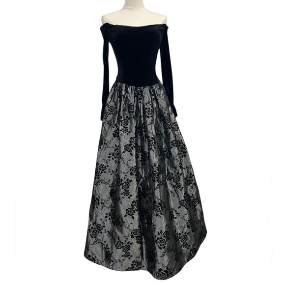 Vtg Scott McClintock Black Velvet Off Shoulder Floral Dress Gothic Dark Romance - Picture 2 of 14
